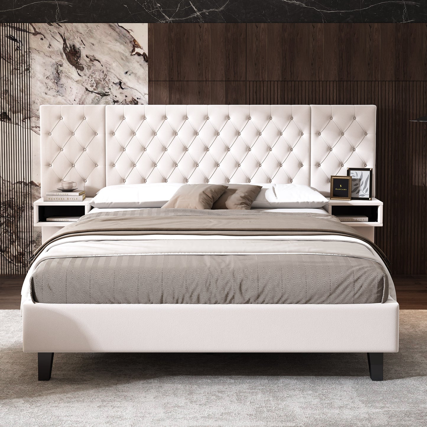 Meridia Platform Bed with Headboard, Modern Velvet Upholstered Platform Bed with 2 Nightstands, with diamond tufted