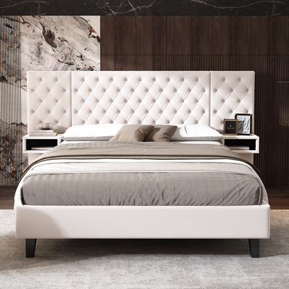 Meridia Platform Bed with Headboard, Modern Velvet Upholstered Platform Bed with 2 Nightstands, with diamond tufted