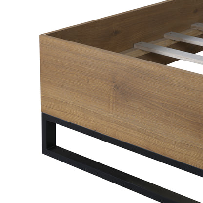 Ketura Two-Tone Aesthetic Engineered Wood Bed Frame in Natural Wood Grain and Matte Black Metal Leg