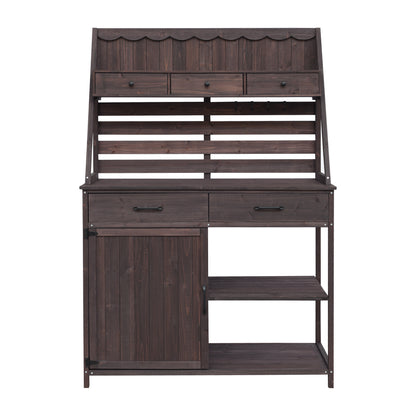 Quirion Brown Fir Wood Potting Bench with Slatted Back Panel & Storage Cabinet & Drawer