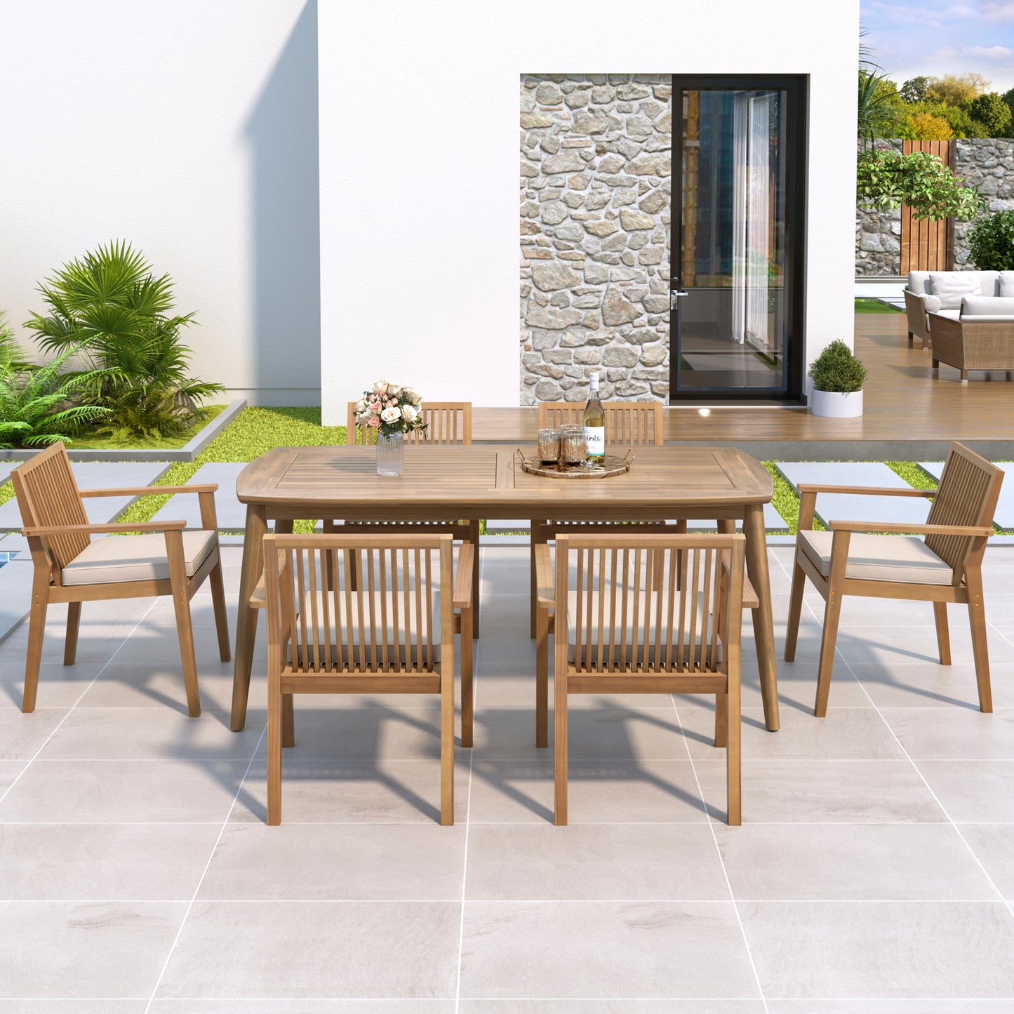 Junosila 7-Piece Acacia Wood Outdoor Dining Set - 70.75" Table & 6 Chairs with Cushions