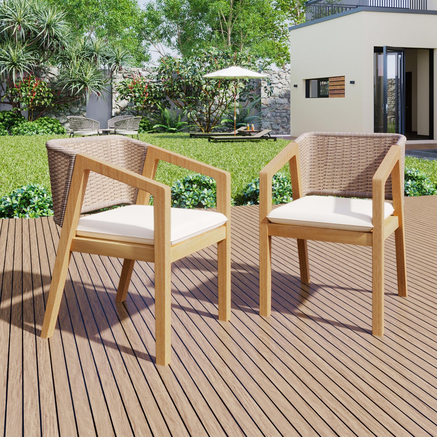 Evandera Modern Outdoor Patio Rope Weave Dining Chairs with Cushion, Set of 2