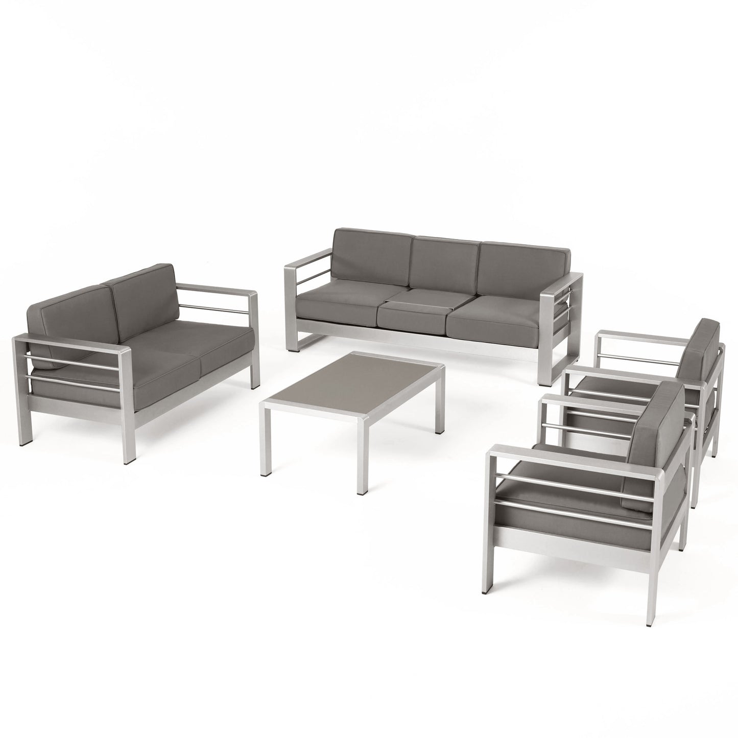 Crested Bay Outdoor Aluminum 7 Seater Chat Set with Cushions, Silver and Khaki