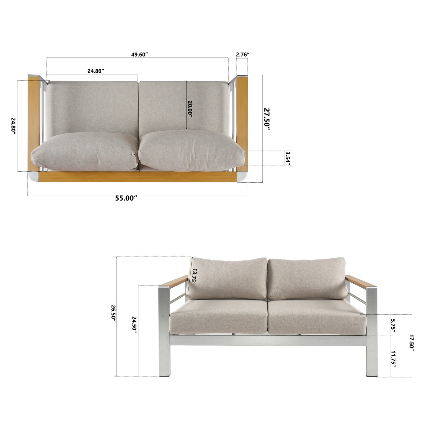 Amias Aluminum Outdoor Patio Loveseat with Beige Cushions