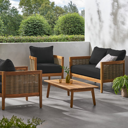The Crowne Collection Outdoor Acacia Wood and Wicker 4 Seater Chat Set with Sunbrella Cushions