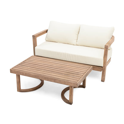 Aston Outdoor Acacia Wood Loveseat and Coffee Table with Cushions, Brown Wash, Beige