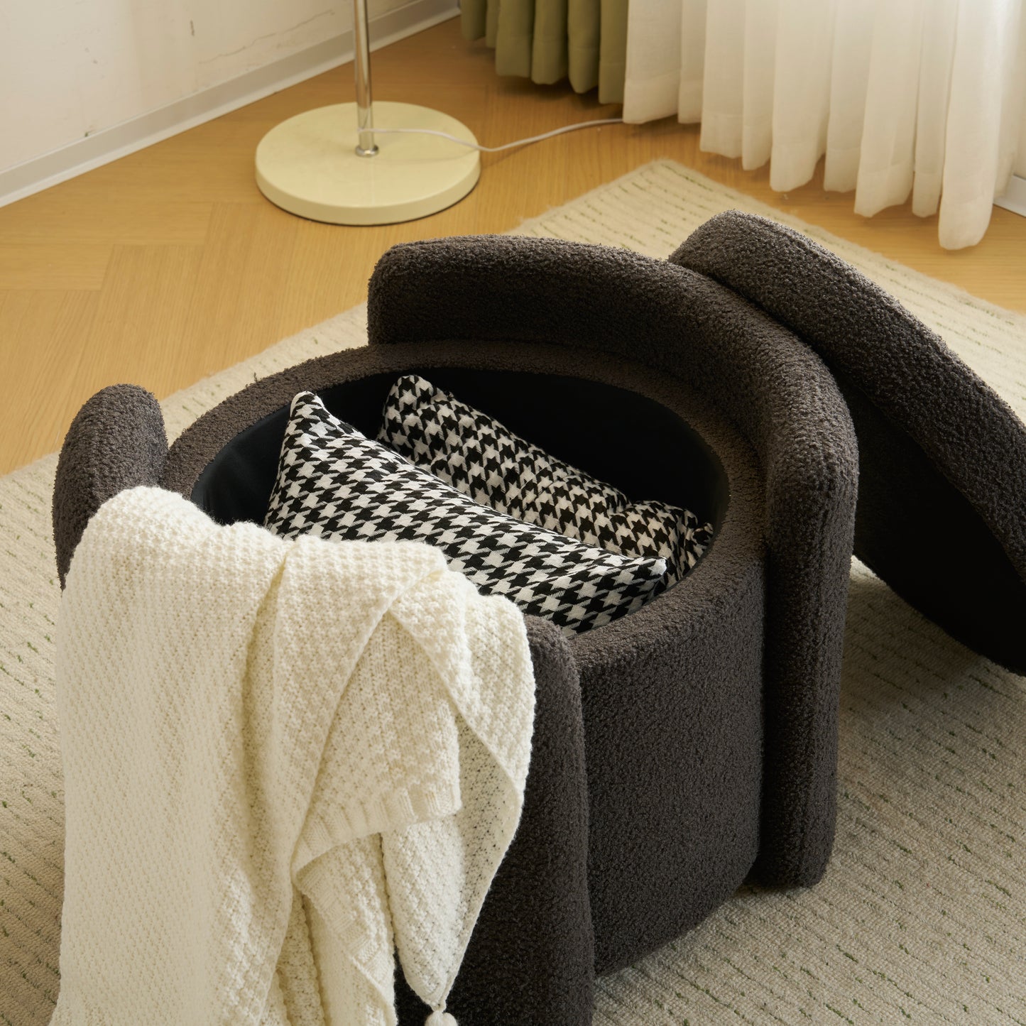 Cozy Lamb Fleece Oval Storage Ottoman Footstool Bench