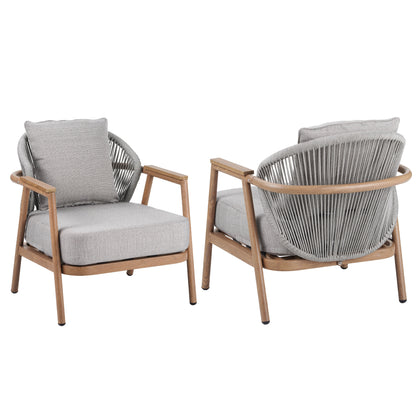 Willowe Taupe + Teak Rope Weave Upholstered Outdoor Patio Club Chair with Pillow