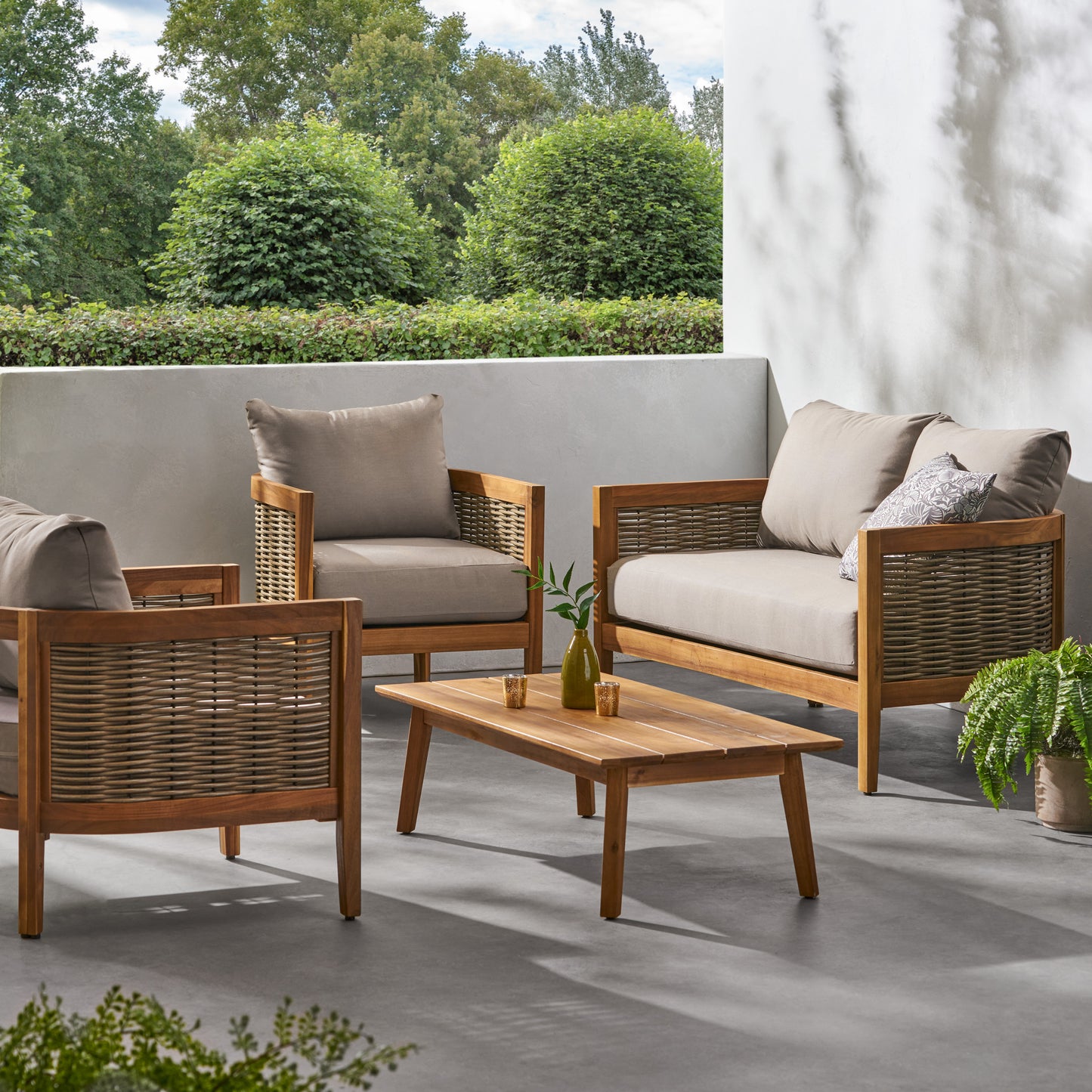 The Crowne Collection Outdoor Acacia Wood and Wicker 4 Seater Chat Set with Sunbrella Cushions