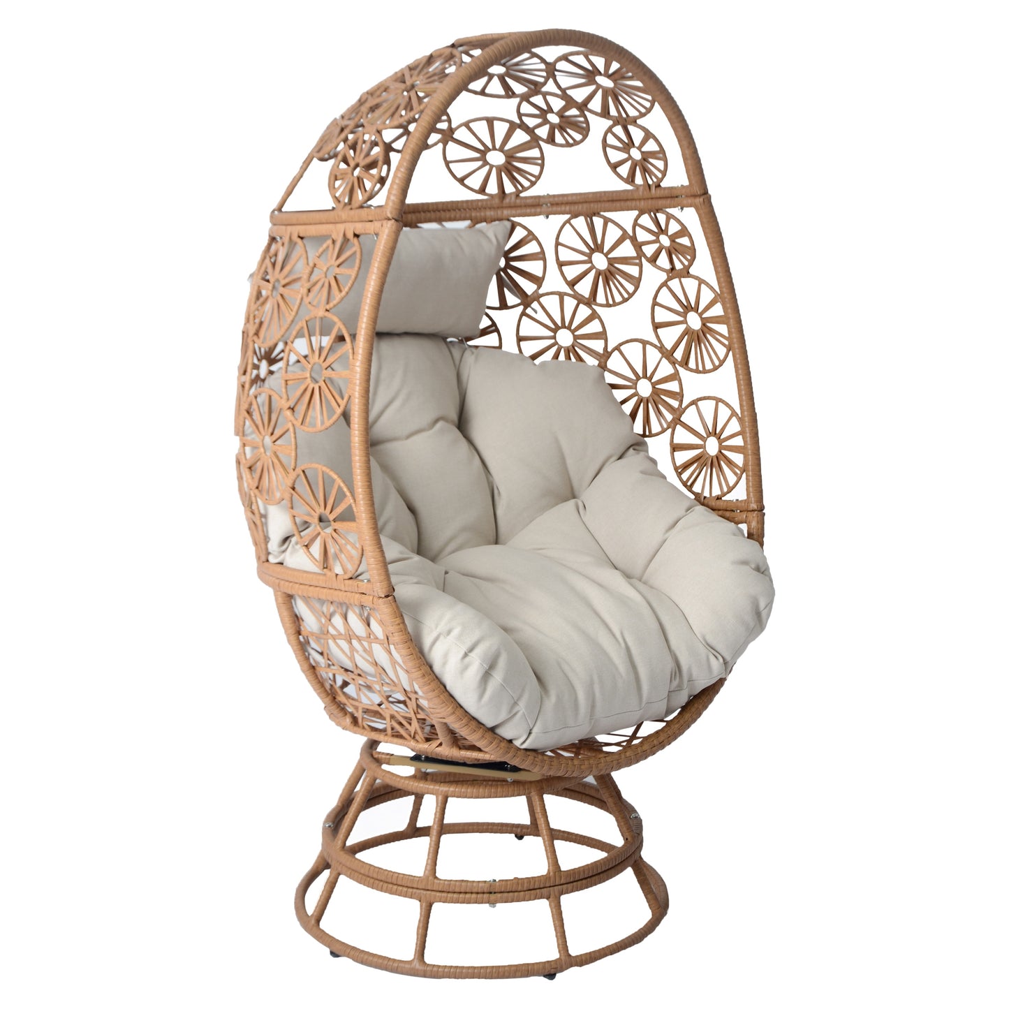 Ondina Outdoor Patio Swivel Egg Basket Chair, Beige + Brown