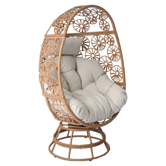 Ondina Outdoor Patio Swivel Egg Basket Chair, Beige + Brown