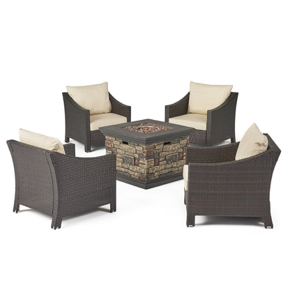 Vincent Outdoor Wicker 5 Piece Club Chair and Fire Pit Set with Cushions