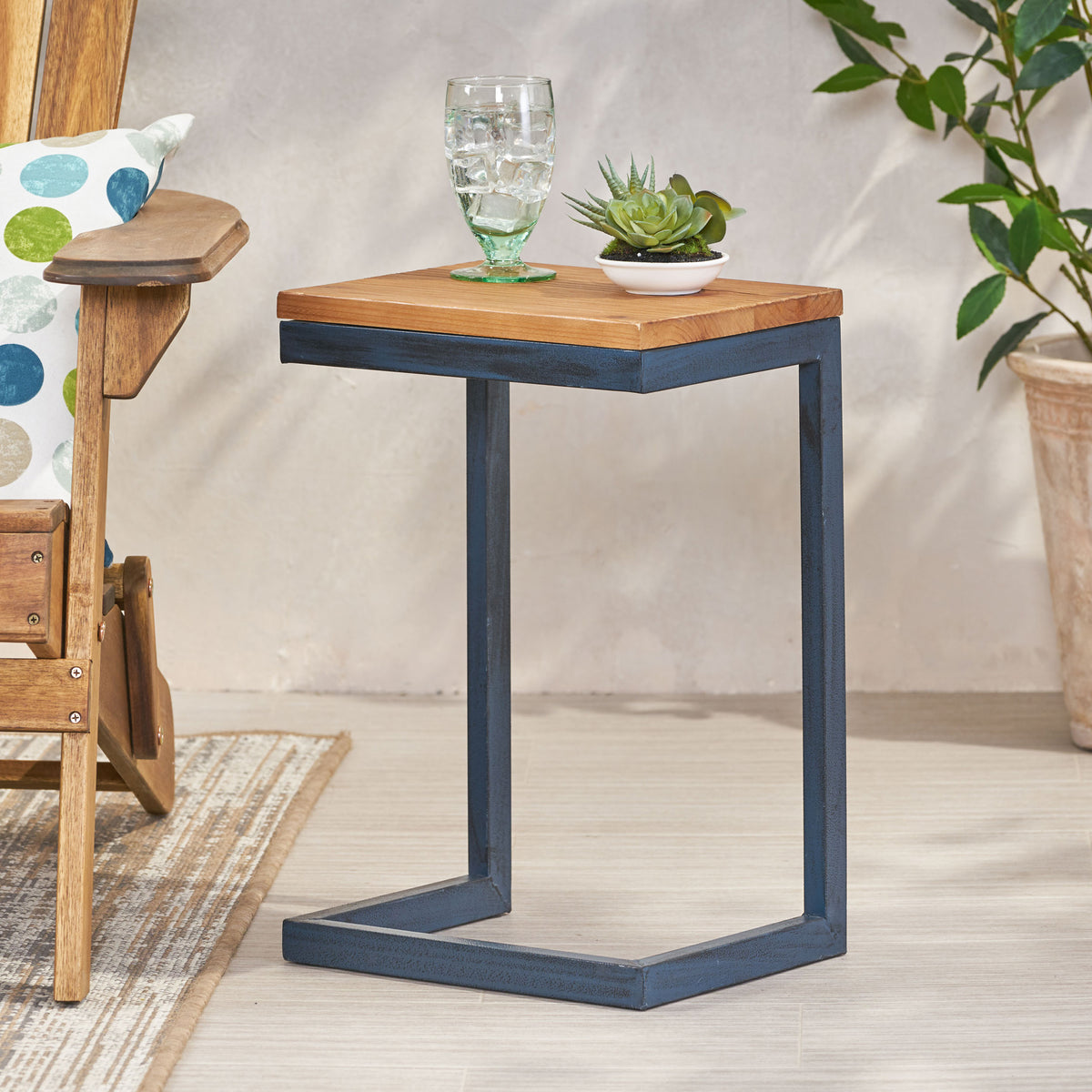 Petrichor Caspian Outdoor Firwood C Shaped Table, Antique Finish, Small, 10.25 in x 12.75 in x 19.5 in