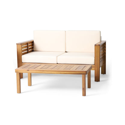 Rabun Outdoor Acacia Wood Loveseat and Coffee Table Set with Cushions