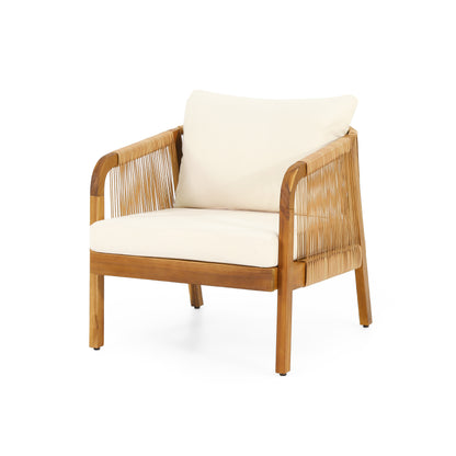 Allerton Outdoor Acacia Wood and Wicker Club Chair with Cushions, Teak, Light Brown, and Beige