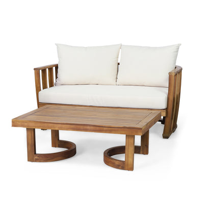 Wallowa Outdoor Acacia Wood Loveseat and Coffee Table Set with Cushions, Teak, Beige