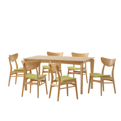 Geisler Wood and Fabric 7 Piece Dining Set, Natural Oak, Green Tea
