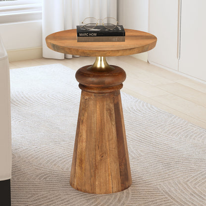 Caelume Round Pedestal Side End Table, Gold + Natural