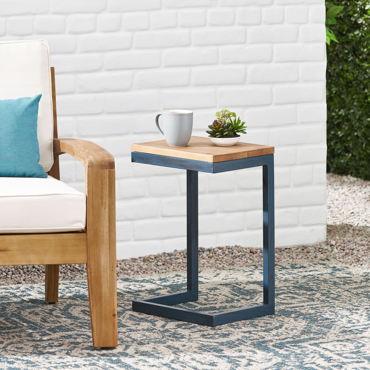 Petrichor Caspian Outdoor Firwood C Shaped Table, Antique Finish, Small, 10.25 in x 12.75 in x 19.5 in