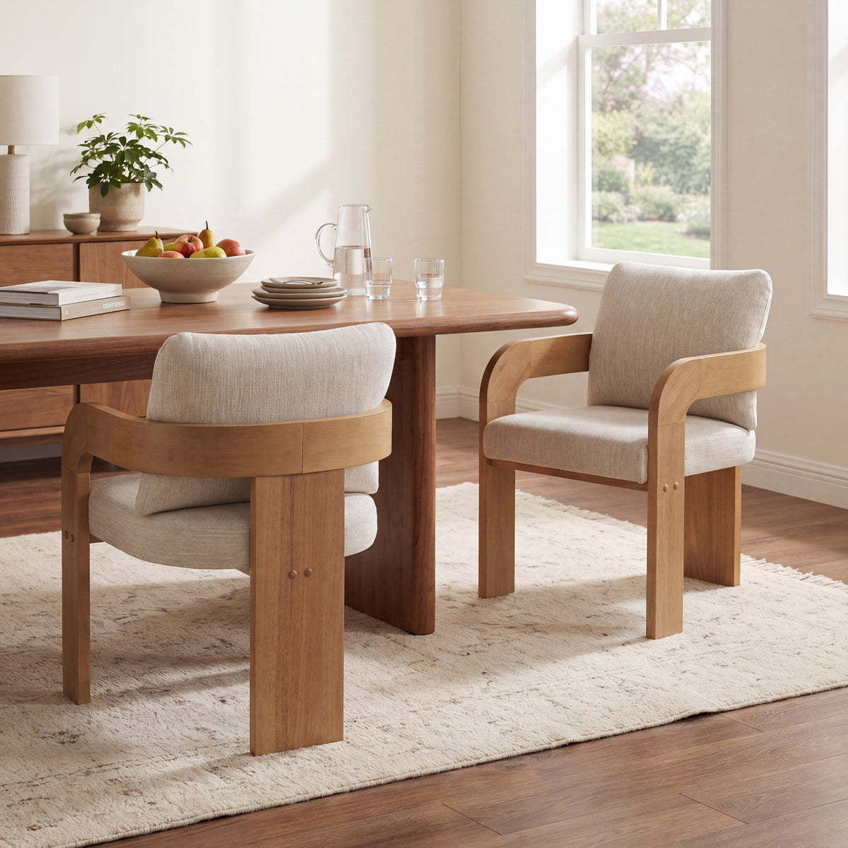 Evocative Yorick Modern Dining Chair Set of 2 with Cushion, Solid Wood Dining Room Armchair Set, Curved Backrest Kitchen Side Chair, Living Room Comfy Extra Seat, Natural+Beige