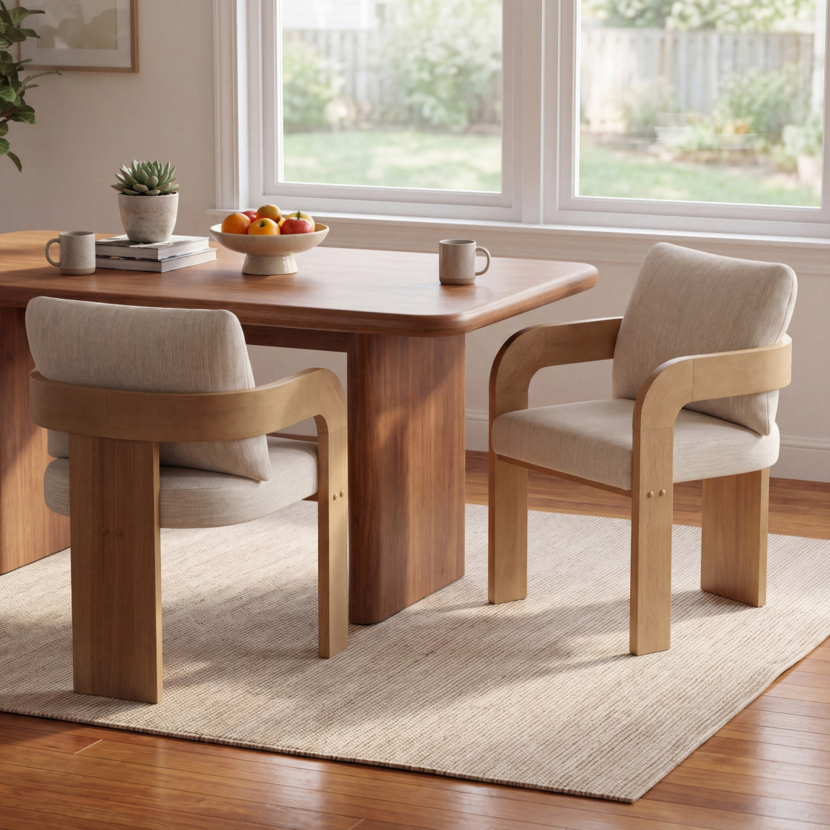 Evocative Yorick Modern Dining Chair Set of 2 with Cushion, Solid Wood Dining Room Armchair Set, Curved Backrest Kitchen Side Chair, Living Room Comfy Extra Seat, Natural+Beige