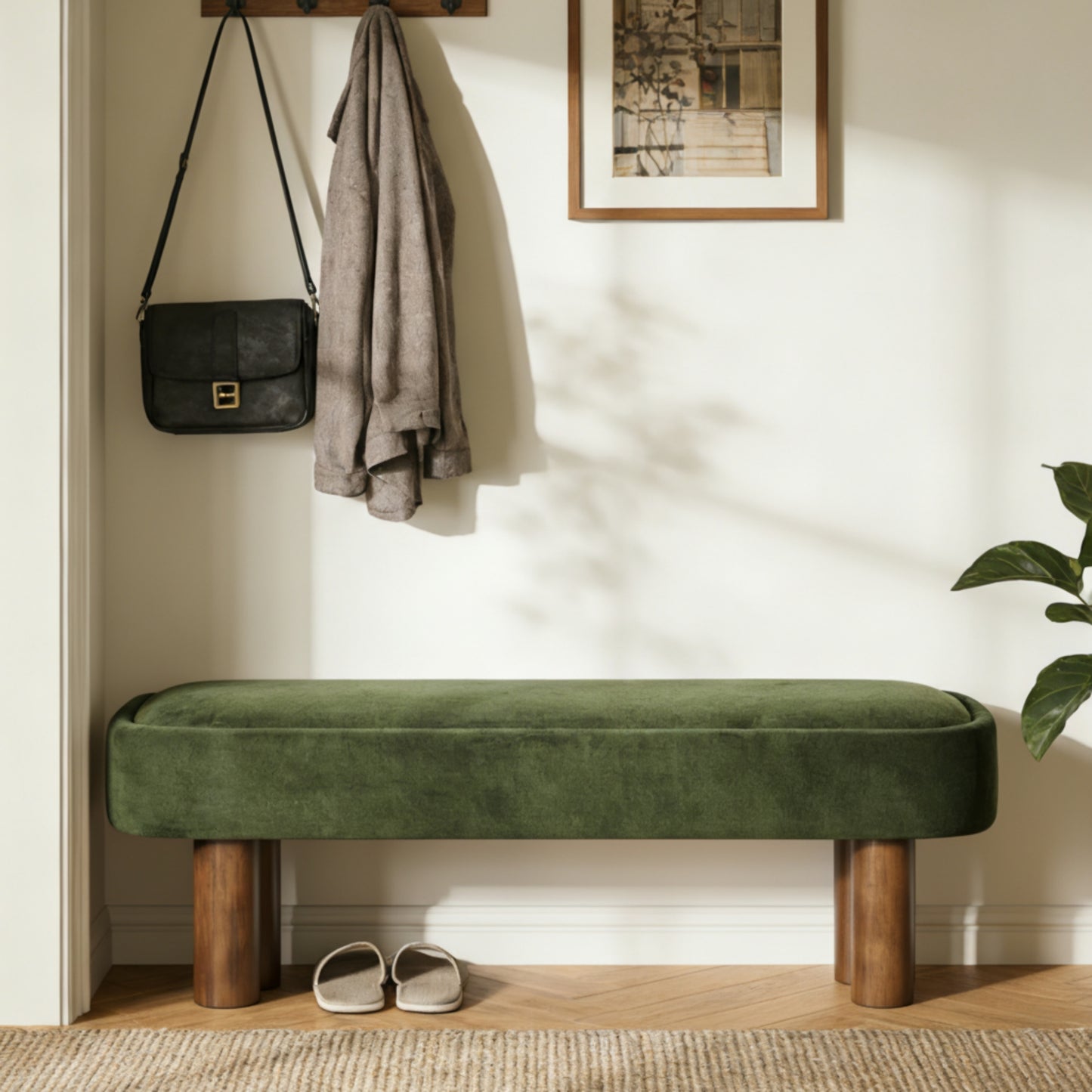 Elowen Indoor Fabric Dining Bench with Walnut Rubberwood Legs, 51.57" Upholstered Seating for Kitchen, Dining Room & Living Space, 250lbs Capacity