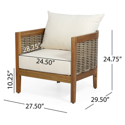 The Crowne Collection Outdoor Acacia Wood and Wicker Club Chair with Cushions, Teak, Mixed Brown, and Beige