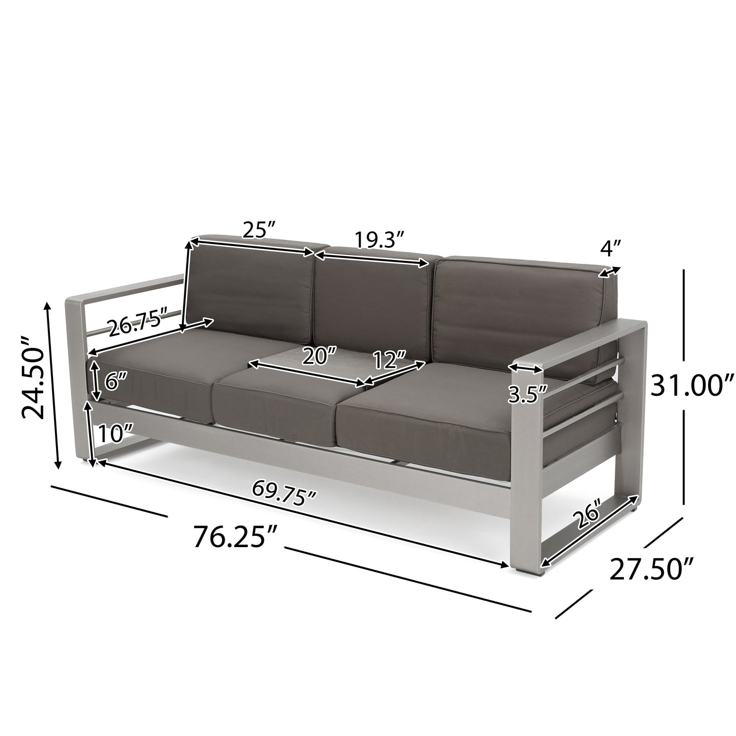 Crested Bay Outdoor Aluminum 3 Seater Sofa with Sunbrella Cushions
