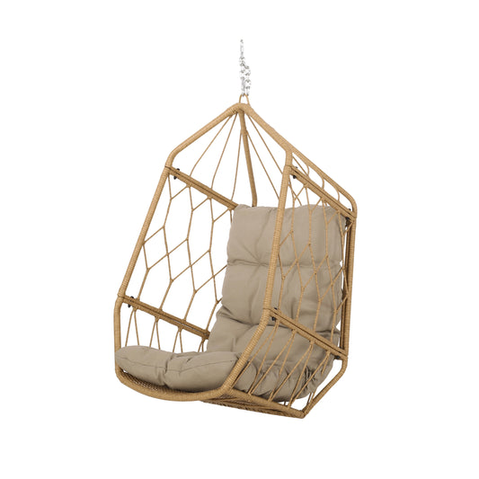 Jewell Outdoor Wicker Hanging Basket Chair with Cushions, Light Brown, Tan