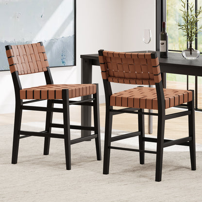 Zephyre Modern Black PU and Wood Counter Stools, Set of 2