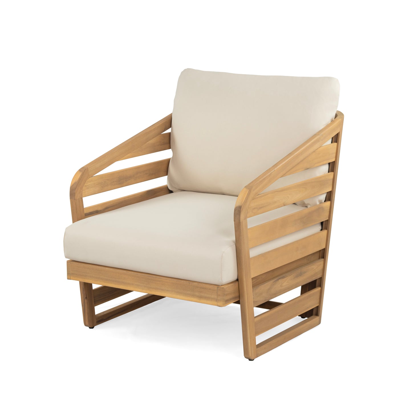 Marlower Teak Finish Acacia Wood Outdoor Lounge Chair with Beige Cushion