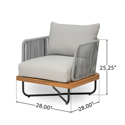 Caiuss Upholstered Outdoor Patio Acacia Wood Club Chair with Iron Base