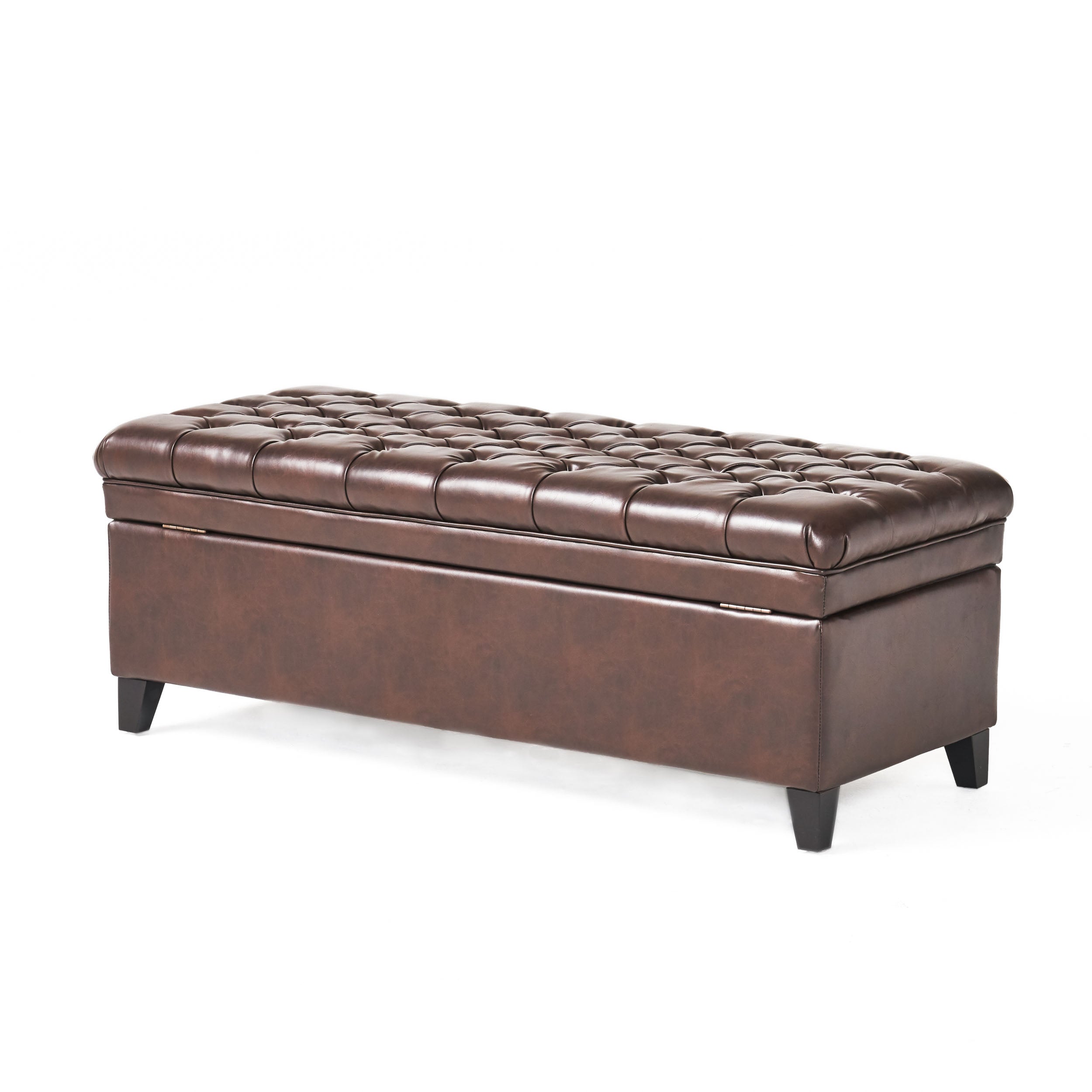 Sheffield Contemporary Button Tufted Brown Faux Leather Storage Ottoma ...