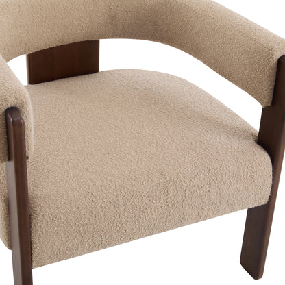 Noah Upholstered Boucle Accent Arm Chair, Rubberwood, Beige+walnut