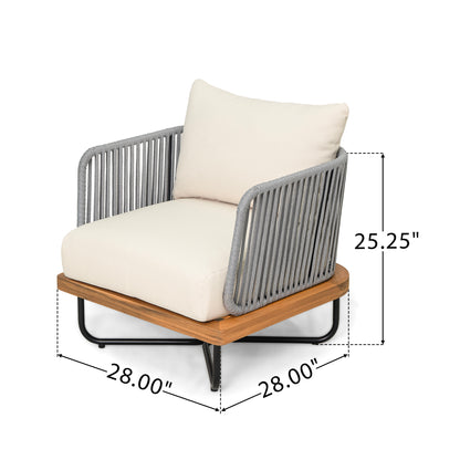 Caiuss Upholstered Outdoor Patio Acacia Wood Club Chair with Iron Base