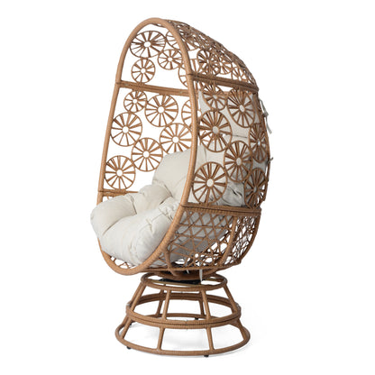 Ondina Outdoor Patio Swivel Egg Basket Chair, Beige + Brown