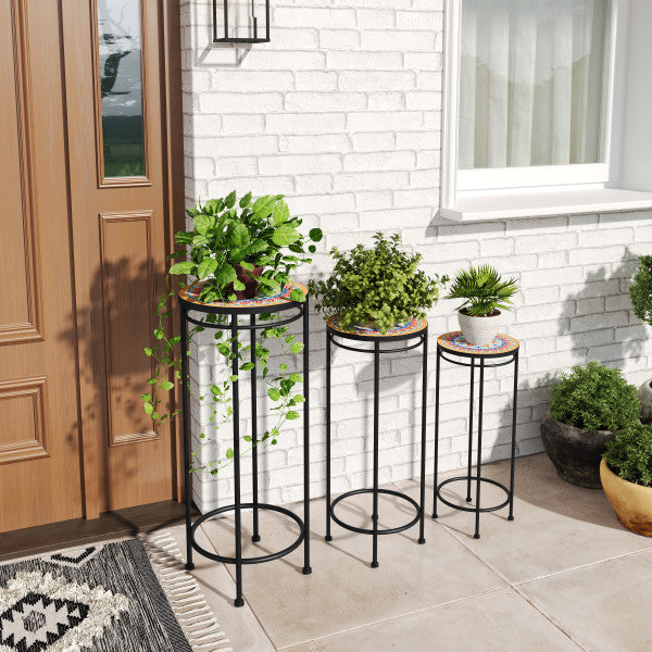 Caius Outdoor Patio Plant Stands, Ceramic Tile, Iron, Set of 3