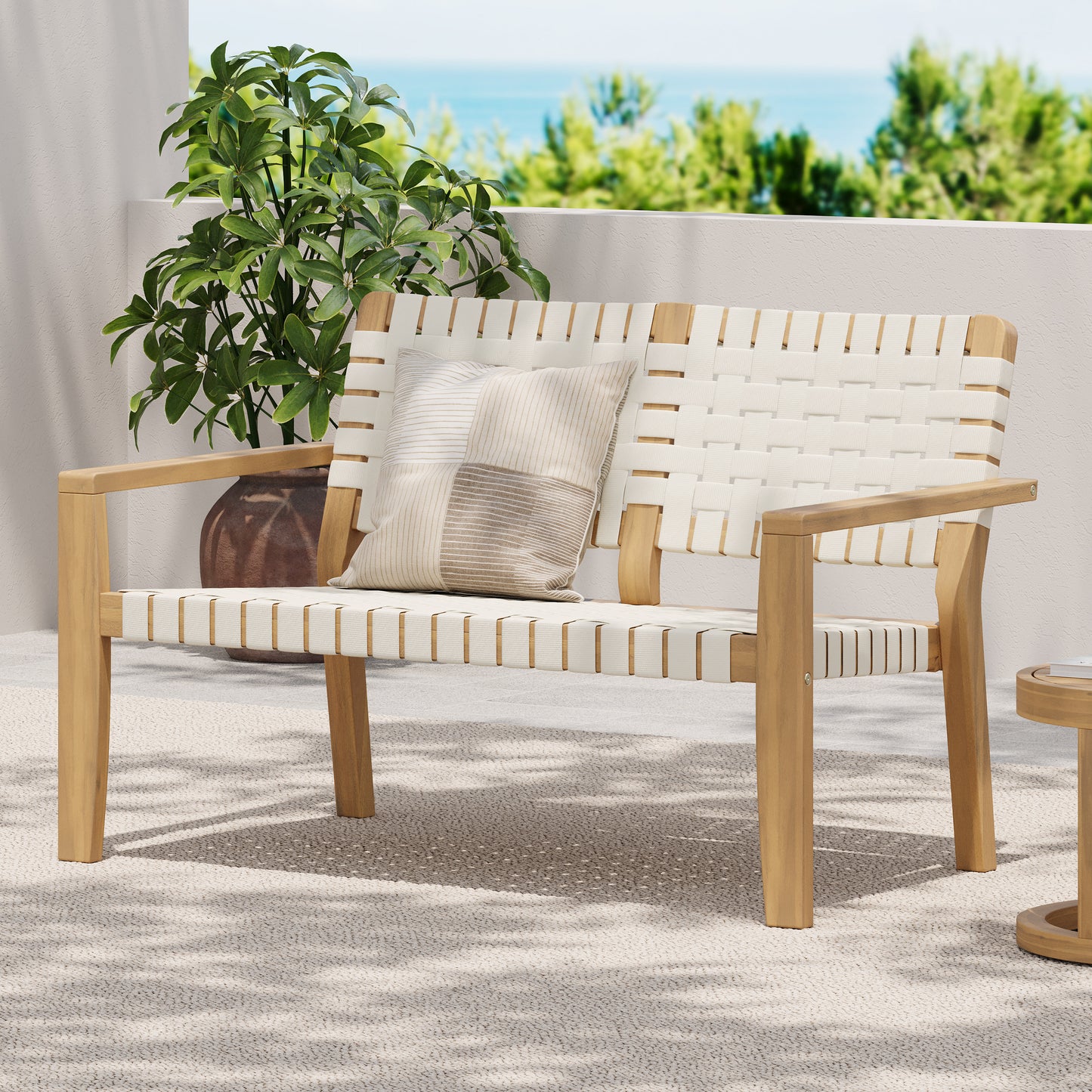 Aspenley Modern Outdoor Patio Double Chaise Loveseat with Wooden Frame and Woven Rope