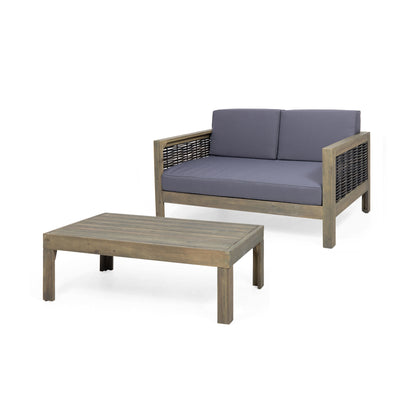 Allegra Outdoor Acacia Wood and Wicker Loveseat and Coffee Table Set with Cushions