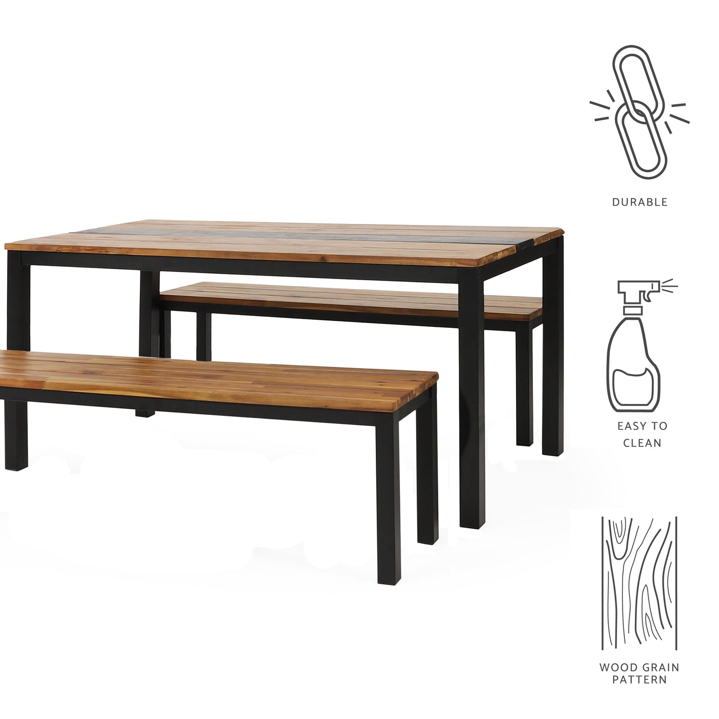 Colcord Outdoor Modern Industrial Acacia Wood 3 Piece Picnic Set, Teak and Black