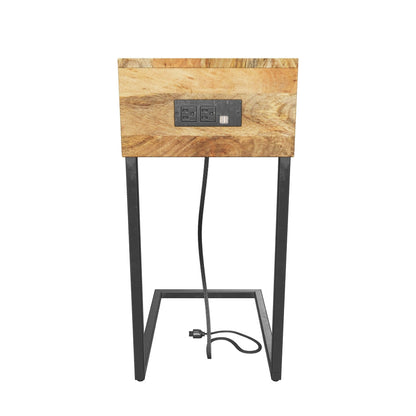 Giovanna Modern Industrial Handcrafted Mango Wood C-Shaped Side Table with Charging Port, Natural and Black