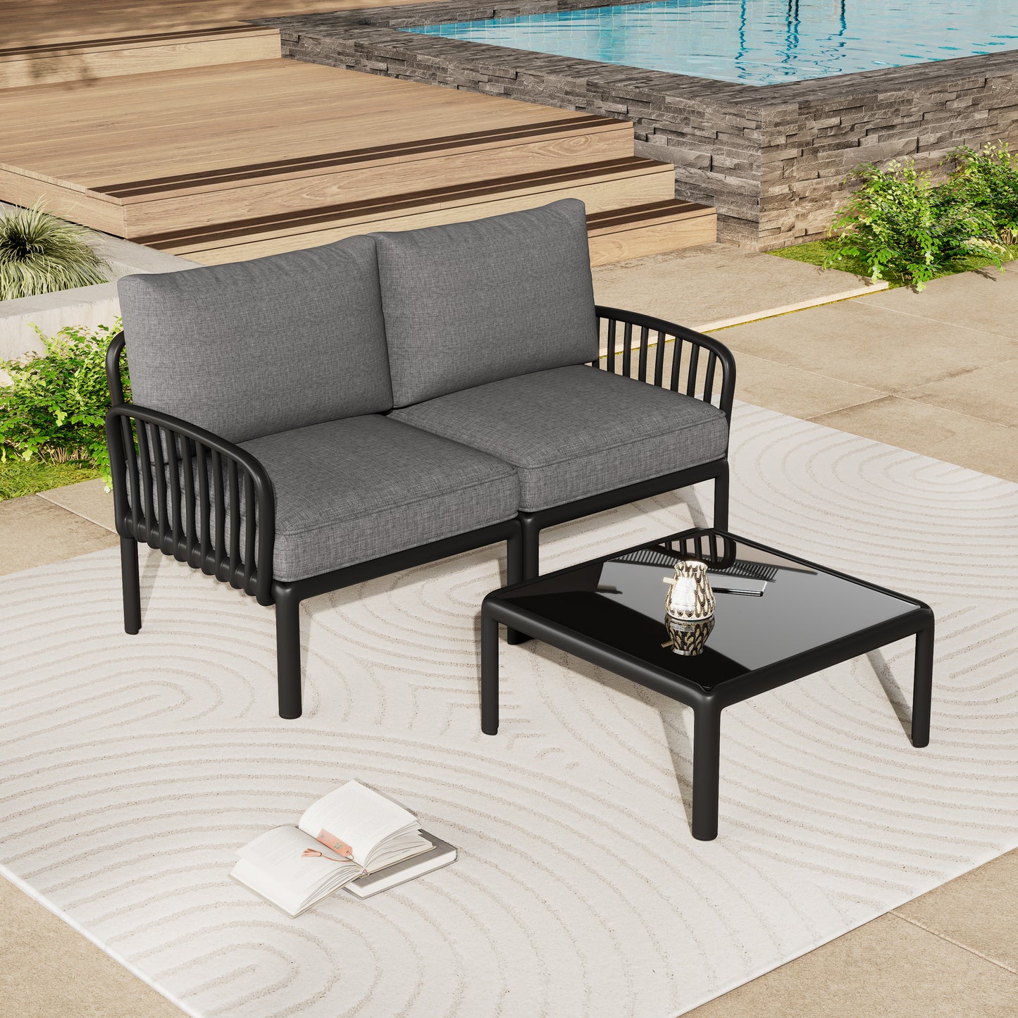 Aestheted Modern 3 Piece Outdoor Plastic Patio Conversation Sets with Soft Cushions