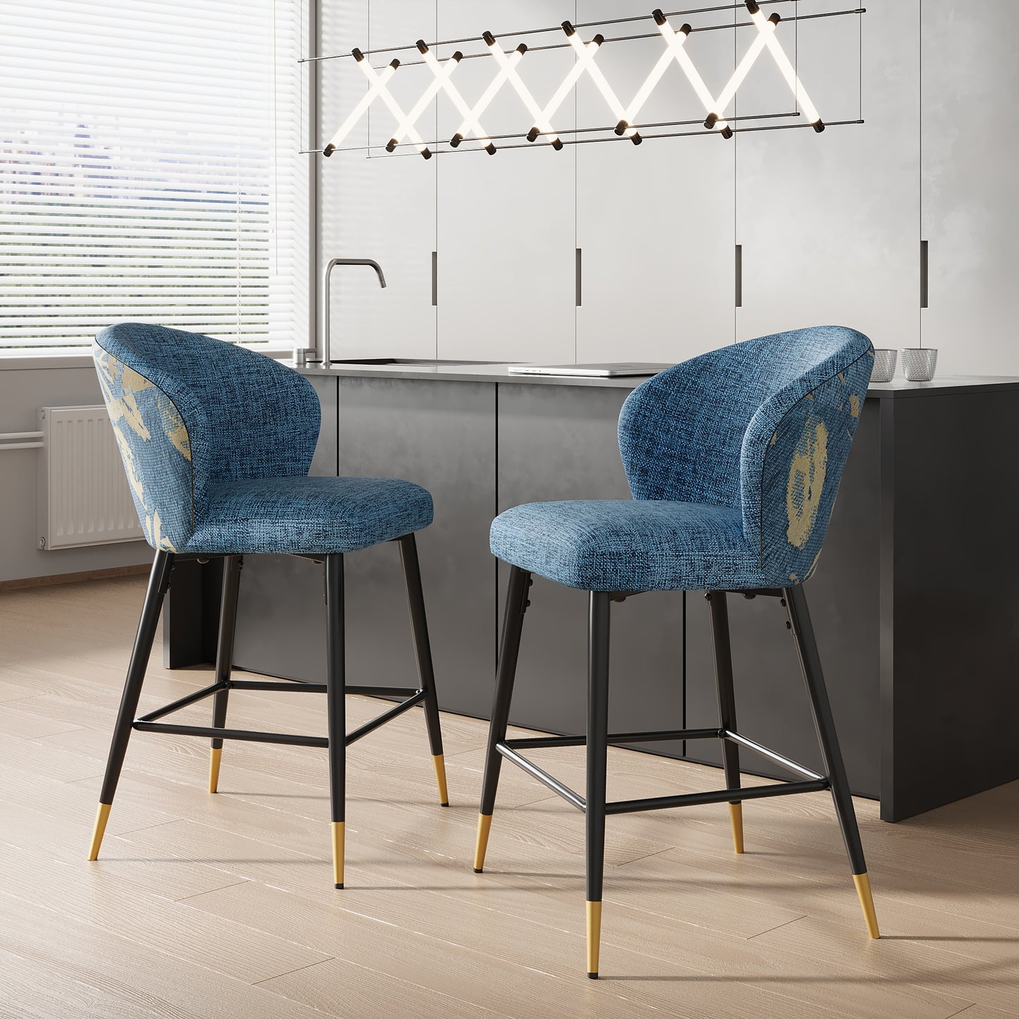 Kilrath Upholstered Wingback Bar Stools with Footrest, Powder Coated Iron