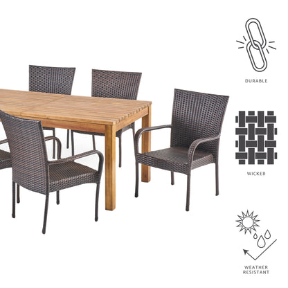 Delilah Outdoor 7 Piece Wicker Dining Set with Wood Expandable Dining Table