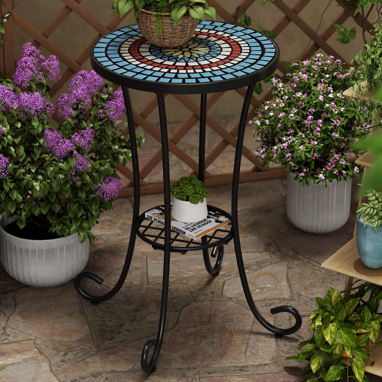 Eulalie Outdoor Patio Round Side Table with Shelf