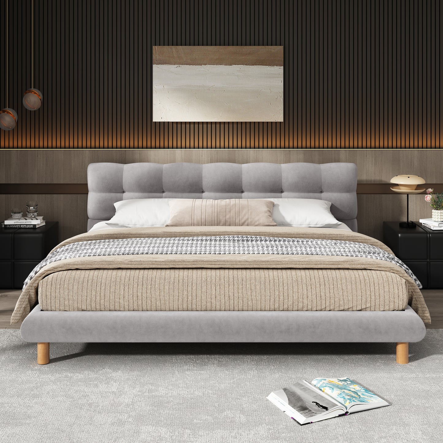 Caldwin Modern Upholstered Chenille Platform Bed with Headboard