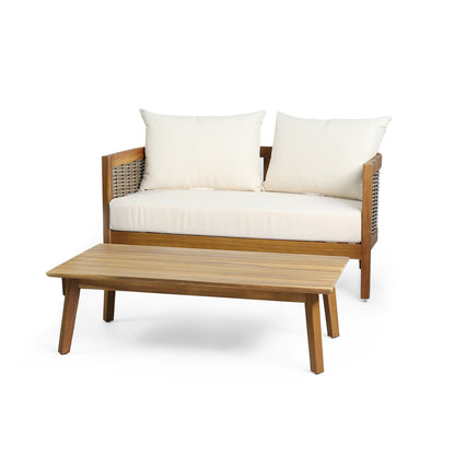 The Crowne Collection Outdoor Acacia Wood and Wicker Loveseat and Coffee Table Set with Cushions
