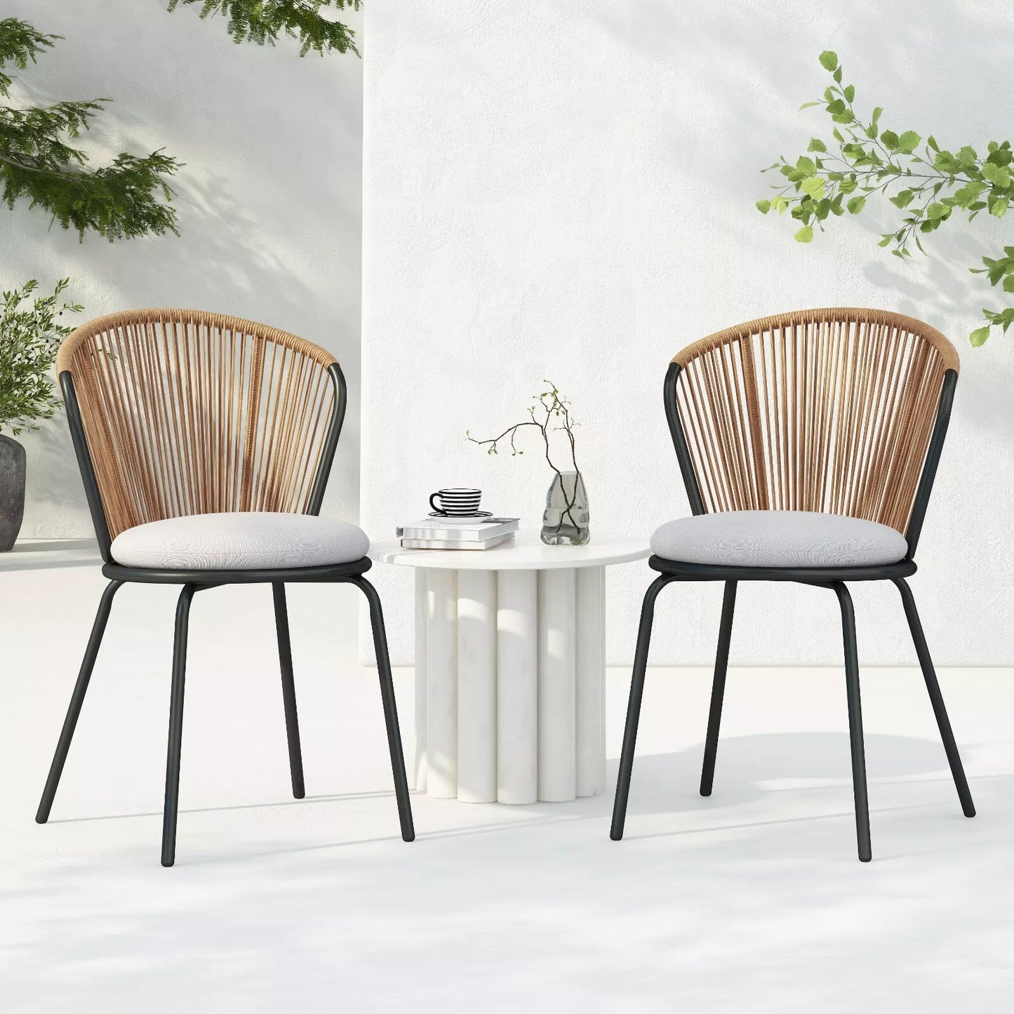 Sunny Indoor & Outdoor Rattan Dining Chair with Cushion Set of 2