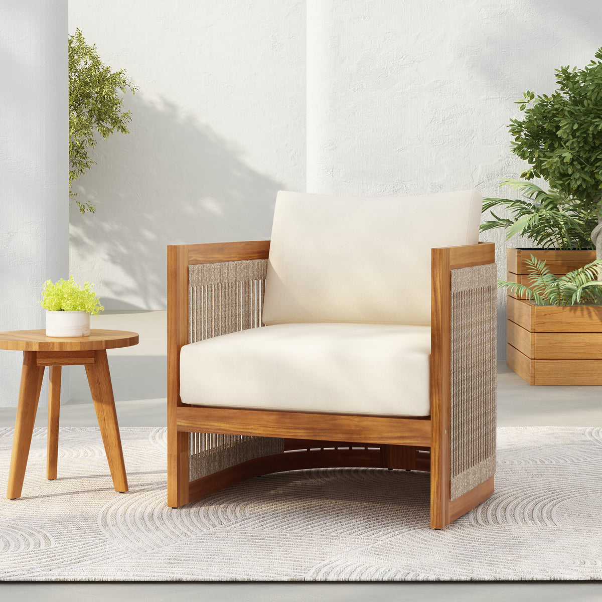 Languid Premium Acacia Wood Outdoor Club Chair, Curved Tub Design with Woven Rope Accents, Water-Resistant Cushions, All-Weather Slat Construction