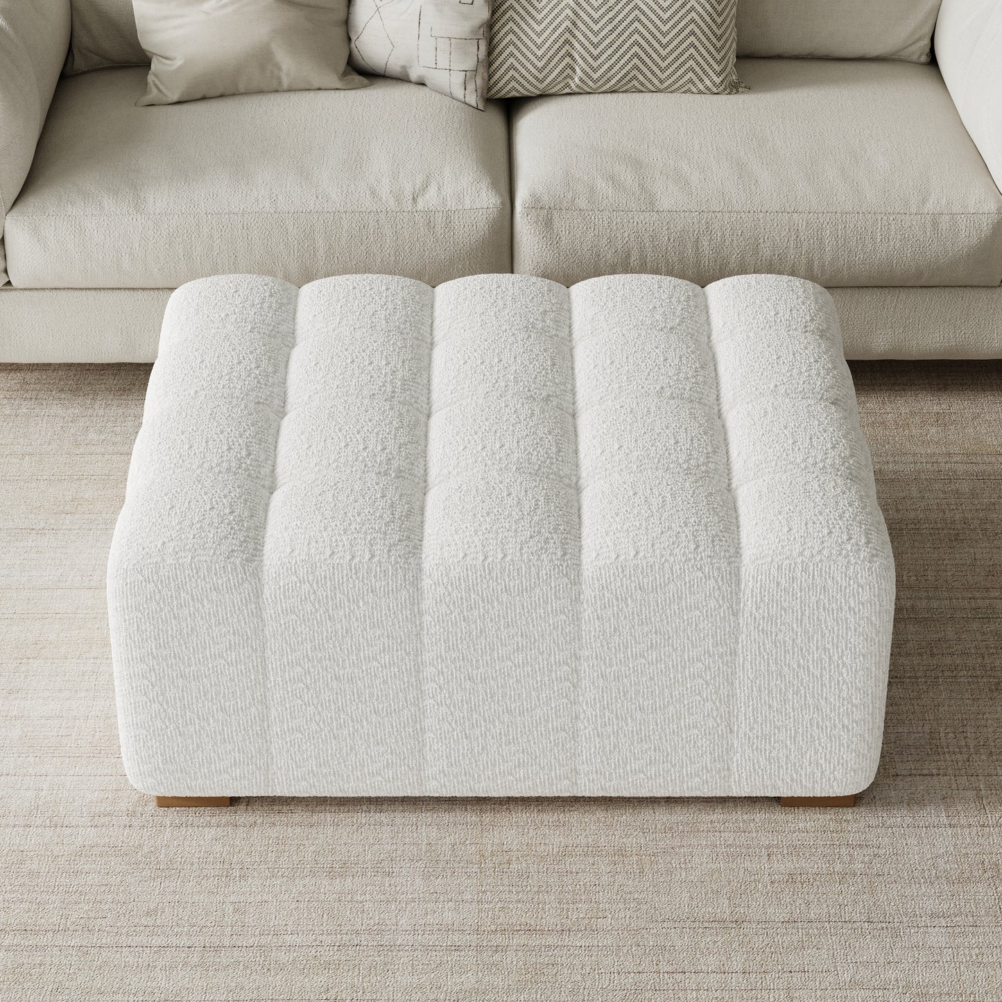 Hester White Bouclé Rectangular Ottoman – Plush Soft Polyester Upholstery with Natural Rubberwood Frame